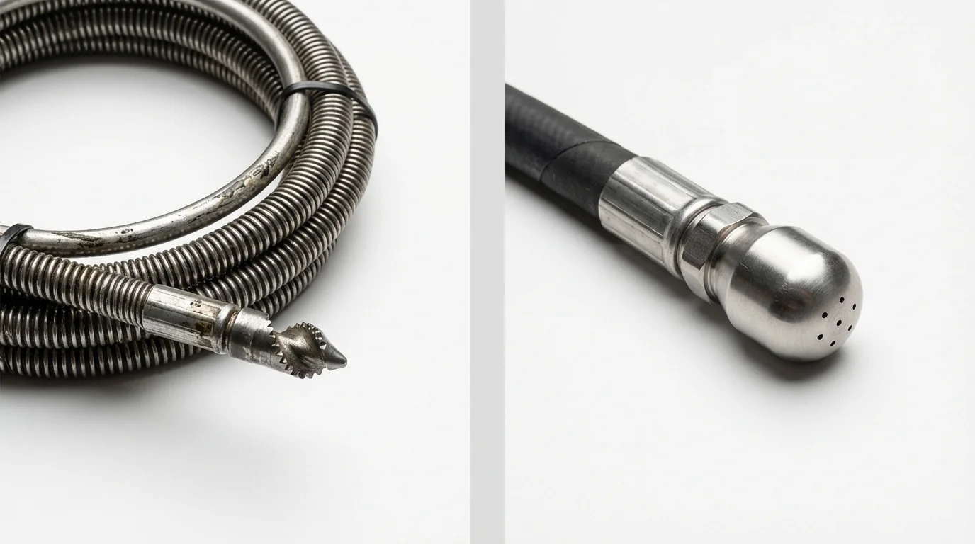 Drain snake cable and hydro jetting nozzle used for drain cleaning in Marlboro, NJ