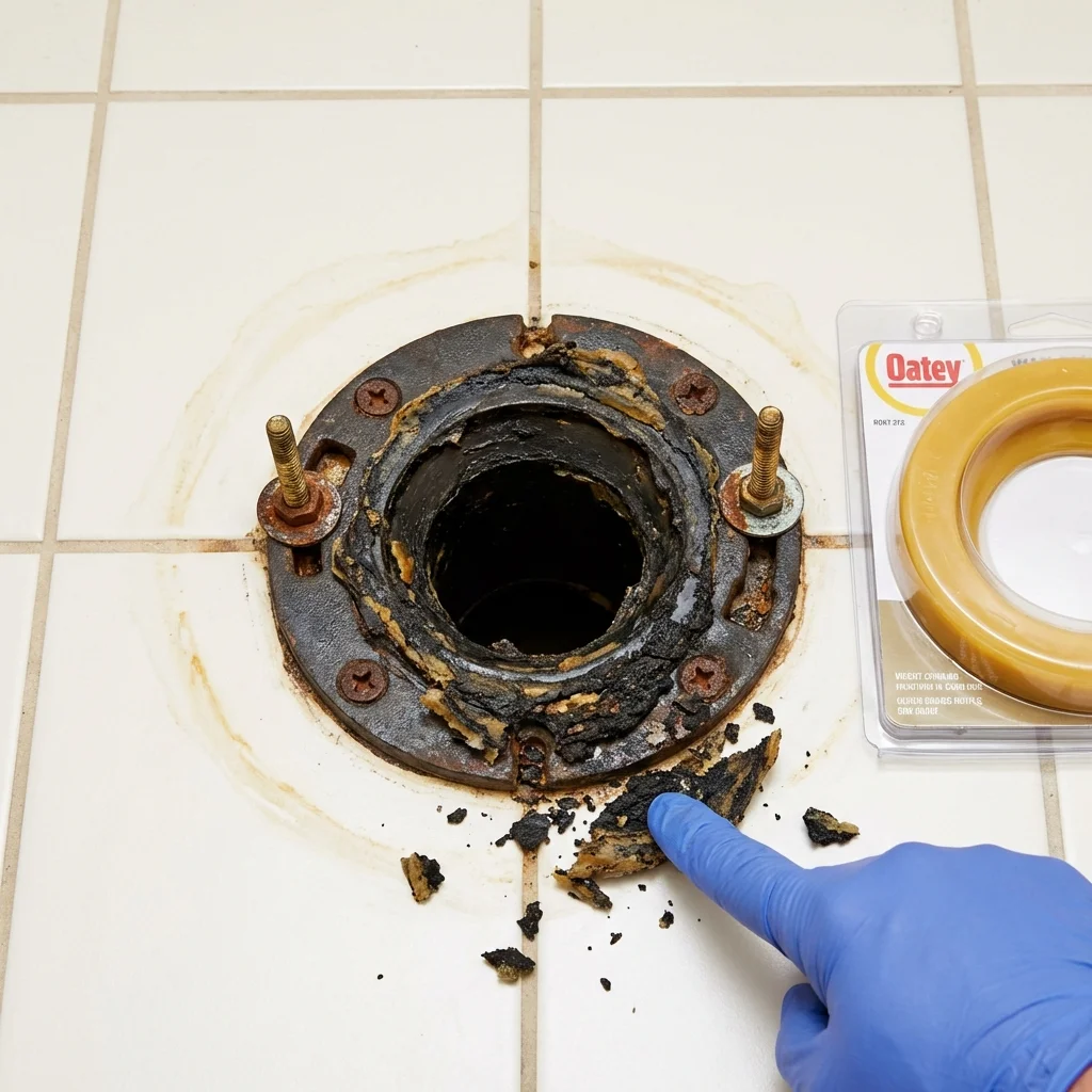 Failed wax ring showing water seepage at the base of a toilet in a Marlboro, NJ home